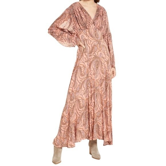 NWT Free People Mirage Maxi Dress Long Sleeve Flowy Boho Peach Combo Size 2 NEW - Picture 8 of 16